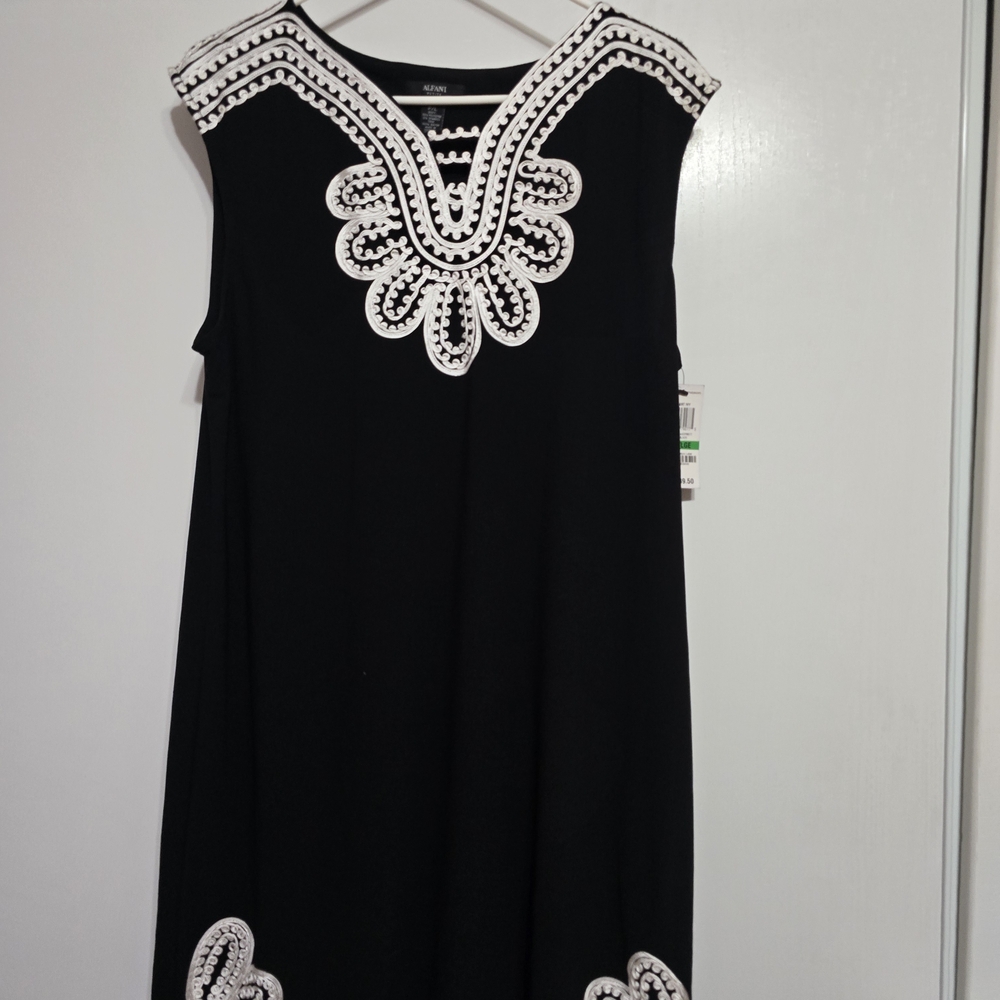 NWT Alfani Petite Black Dress with White Embroidery